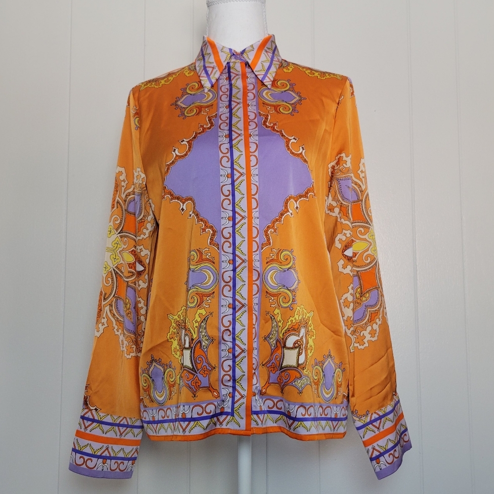 Rachel Zoe Button Down Collared Blouse Orange & P… - image 5